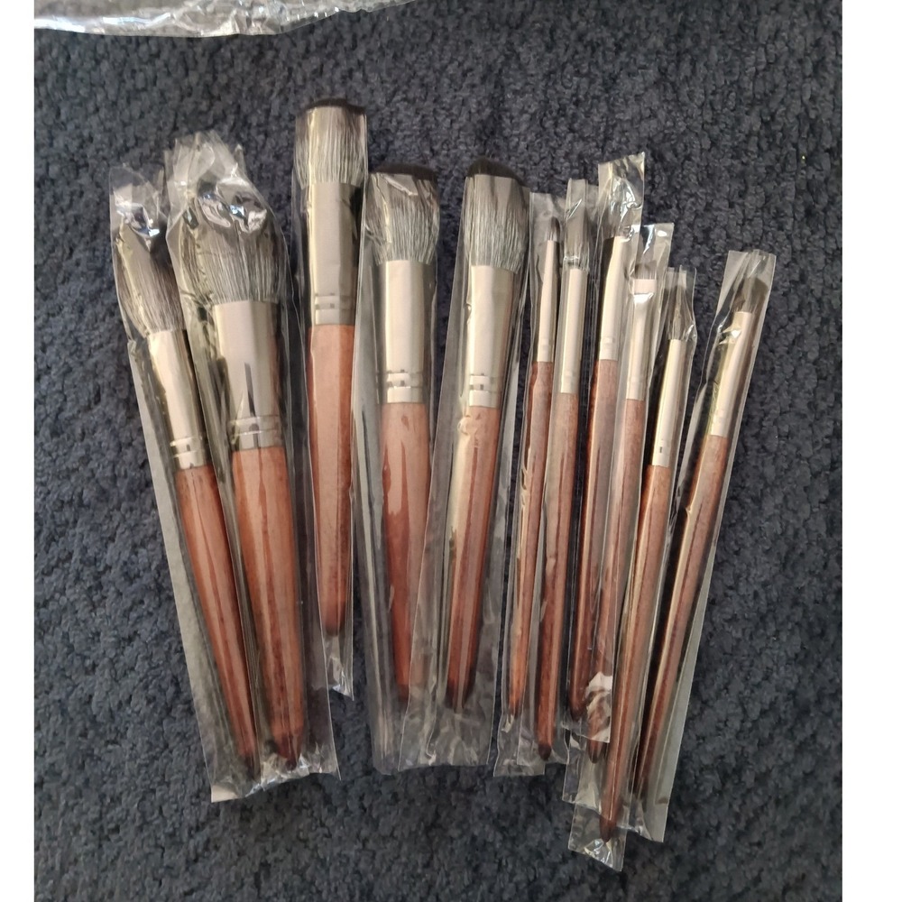 12 Piece Professional Makeup Brush Set Wooden Handles‎ Synthetic Bristles Brown